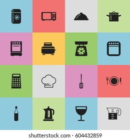 Set Of 16 Editable Kitchen Icons. Includes Symbols Such As Beer, Oven, Plate And More. Can Be Used For Web, Mobile, UI And Infographic Design.