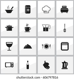 Set Of 16 Editable Kitchen Icons. Includes Symbols Such As Potholder, Dish, Wineglass And More. Can Be Used For Web, Mobile, UI And Infographic Design.