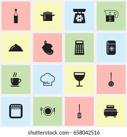 Set Of 16 Editable Kitchen Icons. Includes Symbols Such As Beer, Cooking Cap, Strainer And More. Can Be Used For Web, Mobile, UI And Infographic Design.