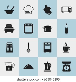 Set Of 16 Editable Kitchen Icons. Includes Symbols Such As Cooker, Pan, Beer And More. Can Be Used For Web, Mobile, UI And Infographic Design.