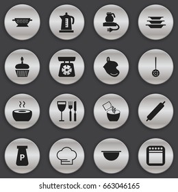 Set Of 16 Editable Kitchen Icons. Includes Symbols Such As Cooking Cap, Potholder, Muffin And More. Can Be Used For Web, Mobile, UI And Infographic Design.