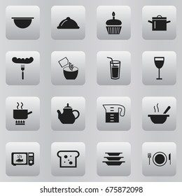 Set Of 16 Editable Kitchen Icons. Includes Symbols Such As Pan, Bowl, Hot Dog And More. Can Be Used For Web, Mobile, UI And Infographic Design.