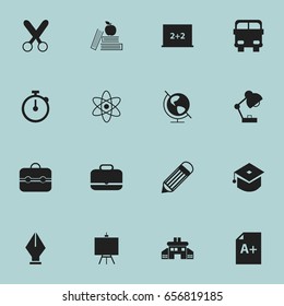 Set Of 16 Editable Knowledge Icons. Includes Symbols Such As Timer, Writing Board, Molecule And More. Can Be Used For Web, Mobile, UI And Infographic Design.