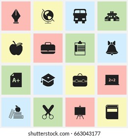Set Of 16 Editable Knowledge Icons. Includes Symbols Such As Apple, Kindergarten, Earth Planet And More. Can Be Used For Web, Mobile, UI And Infographic Design.