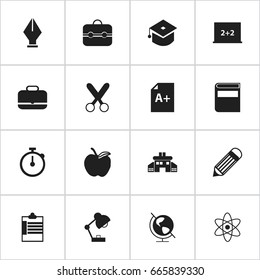 Set Of 16 Editable Knowledge Icons. Includes Symbols Such As Nib, Literature, Cutting And More. Can Be Used For Web, Mobile, UI And Infographic Design.