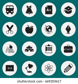 Set Of 16 Editable Knowledge Icons. Includes Symbols Such As Jingle, Textbook, Apple And More. Can Be Used For Web, Mobile, UI And Infographic Design.