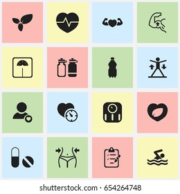 Set Of 16 Editable Lifestyle Icons. Includes Symbols Such As Questionnaire, Weight Measurement, Scales And More. Can Be Used For Web, Mobile, UI And Infographic Design.