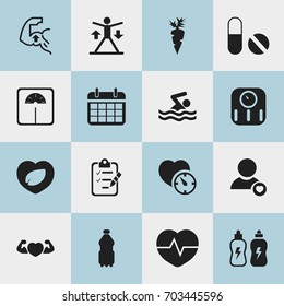 Set Of 16 Editable Lifestyle Icons. Includes Symbols Such As Scales, Root Vegetable, Energetic Beverage And More. Can Be Used For Web, Mobile, UI And Infographic Design.