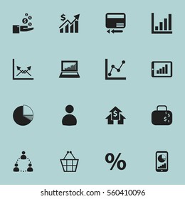 Set Of 16 Editable Logical Icons. Includes Symbols Such As Circle Diagram, Cash Briefcase, Revenue And More. Can Be Used For Web, Mobile, UI And Infographic Design.