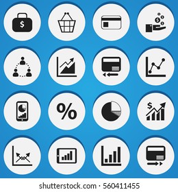 Set Of 16 Editable Logical Icons. Includes Symbols Such As Circle Diagram, Bar Chart, Percent And More. Can Be Used For Web, Mobile, UI And Infographic Design.