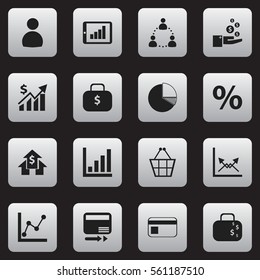 Set Of 16 Editable Logical Icons. Includes Symbols Such As Graph Information, Cash Briefcase, User And More. Can Be Used For Web, Mobile, UI And Infographic Design.