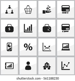 Set Of 16 Editable Logical Icons. Includes Symbols Such As Transmission, Schema, Equalizer Display And More. Can Be Used For Web, Mobile, UI And Infographic Design.
