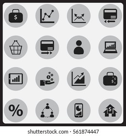 Set Of 16 Editable Logical Icons. Includes Symbols Such As Progress, Bar Chart, Cash Briefcase And More. Can Be Used For Web, Mobile, UI And Infographic Design.