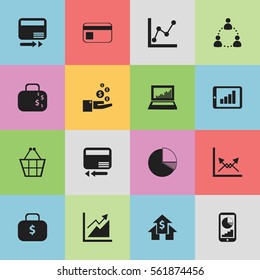 Set Of 16 Editable Logical Icons. Includes Symbols Such As Banking House, Graph Information, Phone Statistics And More. Can Be Used For Web, Mobile, UI And Infographic Design.