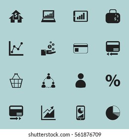 Set Of 16 Editable Logical Icons. Includes Symbols Such As Graph Information, Banking House, Transmission And More. Can Be Used For Web, Mobile, UI And Infographic Design.