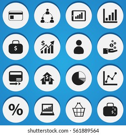 Set Of 16 Editable Logical Icons. Includes Symbols Such As Trading Purse, Equalizer Display, Cash Briefcase And More. Can Be Used For Web, Mobile, UI And Infographic Design.