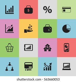 Set Of 16 Editable Logical Icons. Includes Symbols Such As Cash Briefcase, Bank Payment, Money Bag And More. Can Be Used For Web, Mobile, UI And Infographic Design.