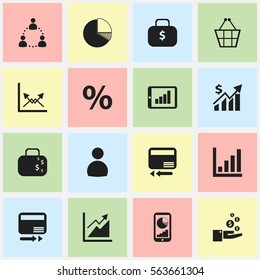Set Of 16 Editable Logical Icons. Includes Symbols Such As Cash Briefcase, Circle Diagram, Statistic And More. Can Be Used For Web, Mobile, UI And Infographic Design.