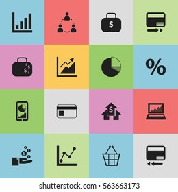 Set Of 16 Editable Logical Icons. Includes Symbols Such As Transmission, Pay Redeem, Equalizer Display And More. Can Be Used For Web, Mobile, UI And Infographic Design.