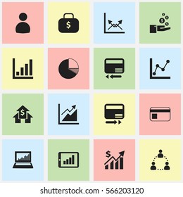 Set Of 16 Editable Logical Icons. Includes Symbols Such As Profit, Credit Card, Money Bag And More. Can Be Used For Web, Mobile, UI And Infographic Design.