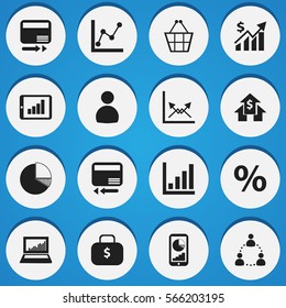 Set Of 16 Editable Logical Icons. Includes Symbols Such As User, Bar Chart, Pay Redeem And More. Can Be Used For Web, Mobile, UI And Infographic Design.