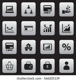 Set Of 16 Editable Logical Icons. Includes Symbols Such As Percent, Progress, Profit And More. Can Be Used For Web, Mobile, UI And Infographic Design.