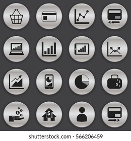 Set Of 16 Editable Logical Icons. Includes Symbols Such As Equalizer Display, Profit, Statistic And More. Can Be Used For Web, Mobile, UI And Infographic Design.