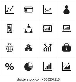 Set Of 16 Editable Logical Icons. Includes Symbols Such As Bank Payment, Revenue, Phone Statistics And More. Can Be Used For Web, Mobile, UI And Infographic Design.