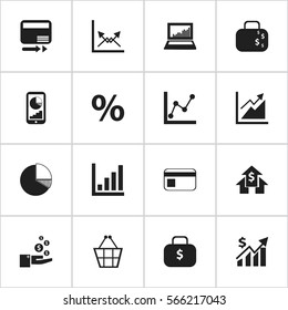 Set Of 16 Editable Logical Icons. Includes Symbols Such As Money Bag, Trading Purse, Phone Statistics And More. Can Be Used For Web, Mobile, UI And Infographic Design.