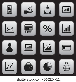 Set Of 16 Editable Logical Icons. Includes Symbols Such As Bank Payment, Equalizer Display, User And More. Can Be Used For Web, Mobile, UI And Infographic Design.