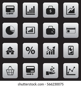 Set Of 16 Editable Logical Icons. Includes Symbols Such As Phone Statistics, Bar Chart, Percent And More. Can Be Used For Web, Mobile, UI And Infographic Design.