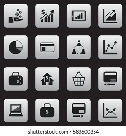 Set Of 16 Editable Logical Icons. Includes Symbols Such As Credit Card, Revenue, Circle Diagram And More. Can Be Used For Web, Mobile, UI And Infographic Design.