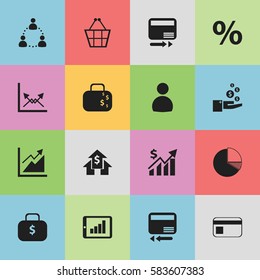 Set Of 16 Editable Logical Icons. Includes Symbols Such As Credit Card, Cash Briefcase, Pay Redeem And More. Can Be Used For Web, Mobile, UI And Infographic Design.