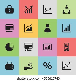 Set Of 16 Editable Logical Icons. Includes Symbols Such As Statistic, Money Bag, Cash Briefcase And More. Can Be Used For Web, Mobile, UI And Infographic Design.