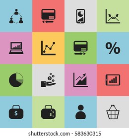 Set Of 16 Editable Logical Icons. Includes Symbols Such As Graph Information, Cash Briefcase, Bar Chart And More. Can Be Used For Web, Mobile, UI And Infographic Design.