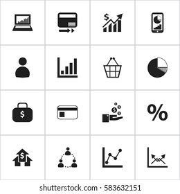 Set Of 16 Editable Logical Icons. Includes Symbols Such As Schema, Money Bag, Transmission And More. Can Be Used For Web, Mobile, UI And Infographic Design.