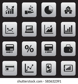 Set Of 16 Editable Logical Icons. Includes Symbols Such As Phone Statistics, Graph Information, Statistic And More. Can Be Used For Web, Mobile, UI And Infographic Design.
