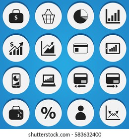 Set Of 16 Editable Logical Icons. Includes Symbols Such As Trading Purse, Money Bag, Pay Redeem And More. Can Be Used For Web, Mobile, UI And Infographic Design.
