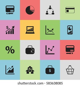 Set Of 16 Editable Logical Icons. Includes Symbols Such As Cash Briefcase, Schema, Credit Card And More. Can Be Used For Web, Mobile, UI And Infographic Design.