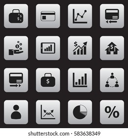 Set Of 16 Editable Logical Icons. Includes Symbols Such As Revenue, Statistic, Cash Briefcase And More. Can Be Used For Web, Mobile, UI And Infographic Design.
