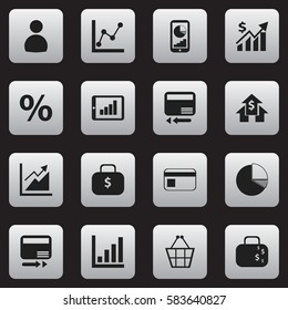 Set Of 16 Editable Logical Icons. Includes Symbols Such As Statistic, Credit Card, Banking House And More. Can Be Used For Web, Mobile, UI And Infographic Design.