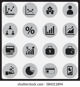 Set Of 16 Editable Logical Icons. Includes Symbols Such As Statistic, Profit, Transmission And More. Can Be Used For Web, Mobile, UI And Infographic Design.