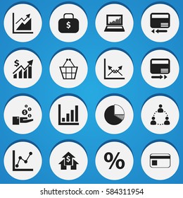 Set Of 16 Editable Logical Icons. Includes Symbols Such As Banking House, Statistic, Transmission And More. Can Be Used For Web, Mobile, UI And Infographic Design.