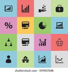 Set Of 16 Editable Logical Icons. Includes Symbols Such As User, Money Bag, Bar Chart And More. Can Be Used For Web, Mobile, UI And Infographic Design.