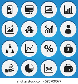 Set Of 16 Editable Logical Icons. Includes Symbols Such As User, Equalizer Display, Revenue And More. Can Be Used For Web, Mobile, UI And Infographic Design.