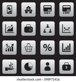 Set Of 16 Editable Logical Icons. Includes Symbols Such As Credit Card, Trading Purse, Transmission And More. Can Be Used For Web, Mobile, UI And Infographic Design.