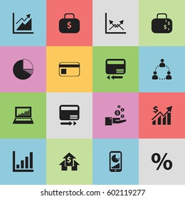 Set Of 16 Editable Logical Icons. Includes Symbols Such As Schema, Pay Redeem, Circle Diagram And More. Can Be Used For Web, Mobile, UI And Infographic Design.