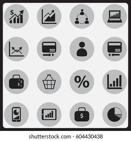 Set Of 16 Editable Logical Icons. Includes Symbols Such As Trading Purse, Circle Diagram, Credit Card And More. Can Be Used For Web, Mobile, UI And Infographic Design.
