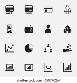 Set Of 16 Editable Logical Icons. Includes Symbols Such As Graph Information, User, Equalizer Display And More. Can Be Used For Web, Mobile, UI And Infographic Design.