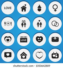 Set of 16 editable love icons. Includes symbols such as people, lineage, hanging board and more. Can be used for web, mobile, UI and infographic design.